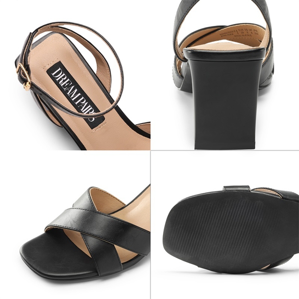 Criss Cross Ankle Strap Square Heel Sandals  - BLACK PU - 4